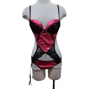 Body Rage Intimates Sexy Bodysuit Mesh Vixen Whimsygoth Lace Trim Large Pink/Bla